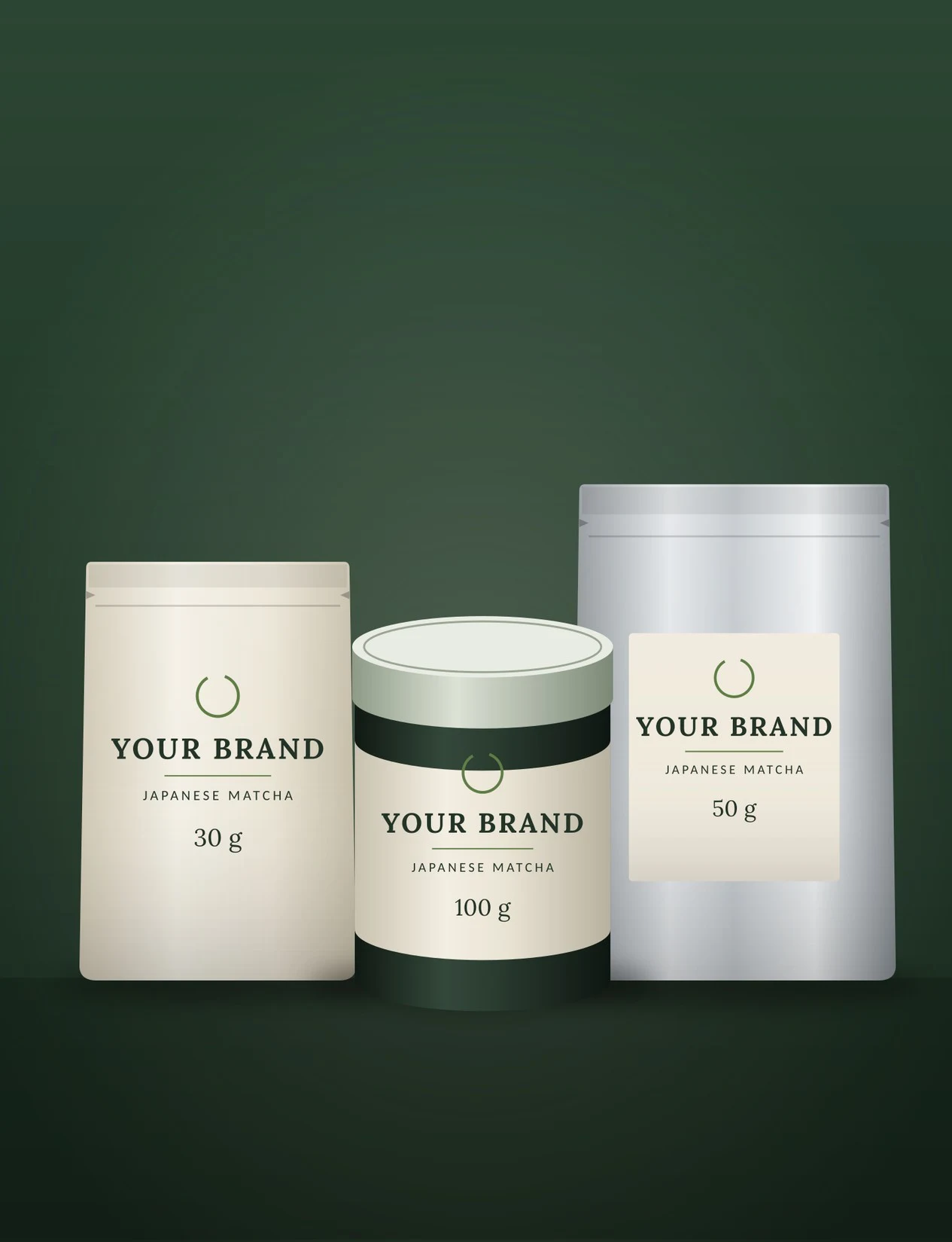 Retail pouches and tins used for private label matcha — illustrative packaging, not confirmed product